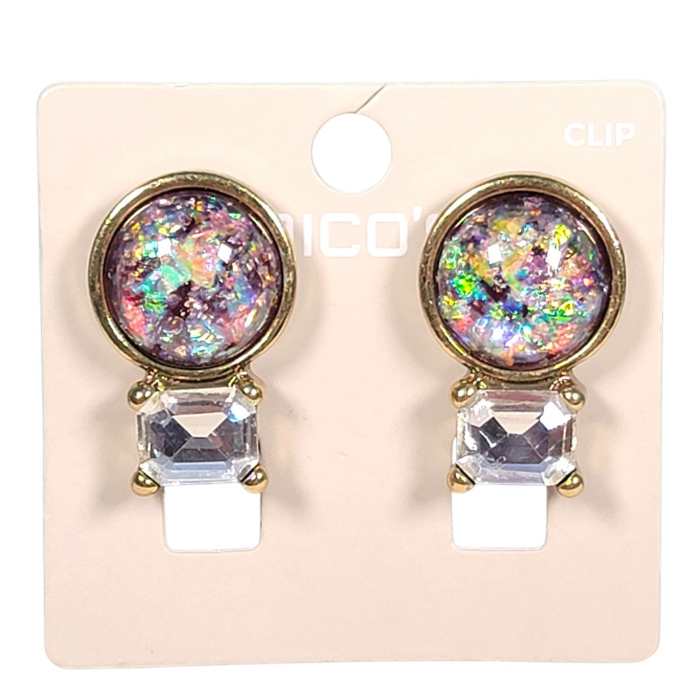 Chicos Amanda Stud Clip On Earrings Gold Tone Confetti Crushed Ice Cabochon Gift